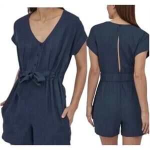 Patagonia Organic Cotton Gauze Blue Romper Womens XS Pockets Casual Beachy